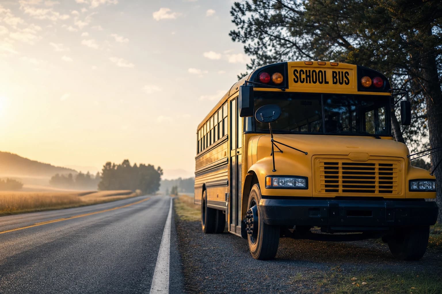 Yellow school bus waiting beside a quiet road at sunrise